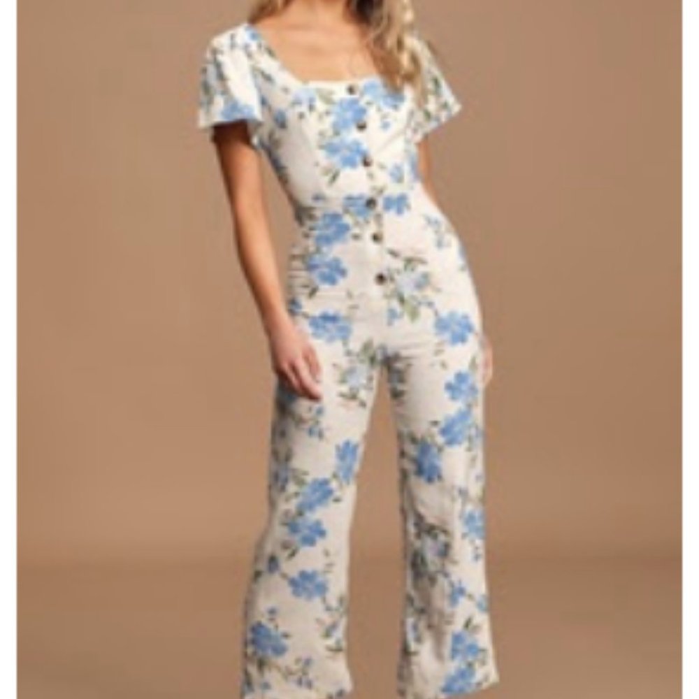 LULUS BURST INTO BLOOM TAUPE FLORAL PRINT BUTTON-FRONT JUMPSUIT Medium